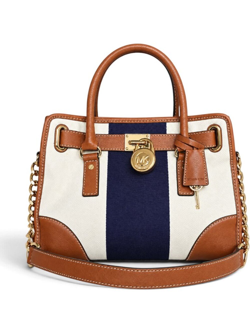 Michael Kors Hamilton East West Satchel Stripe Old Money Cream Navy Cognac - Picture 13 of 17